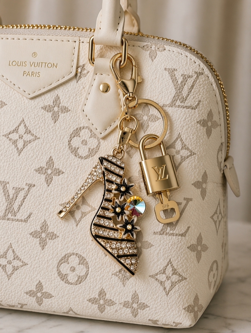 Authentic LV Gold Padlock & Key 🔑 Designer Bag Charm w/ Unbranded Shoe Keychain
